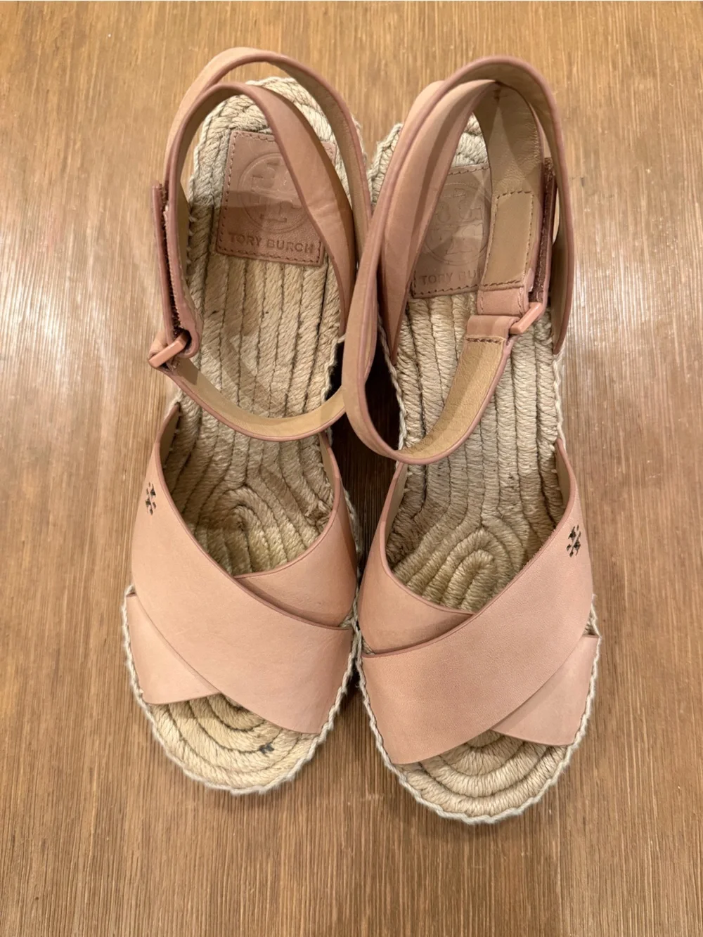 Tory Burch Blush Leather Espadrille Wedge Sandals